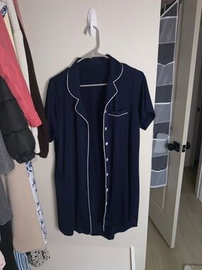 Amazon Women's Navy Blue Short Sleeve Button Pajama Nightshirt with White Piping